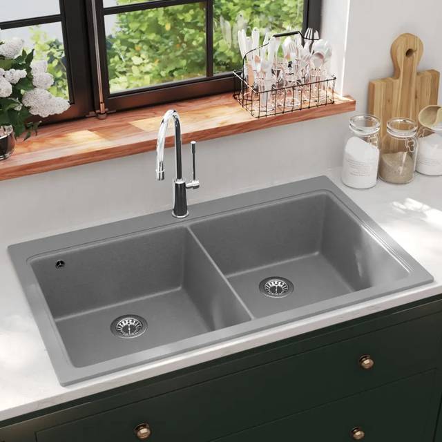 Belfry Kitchen Ariella Double Bowl Overmount Kitchen Sink Grey 860mm L X 510mm W