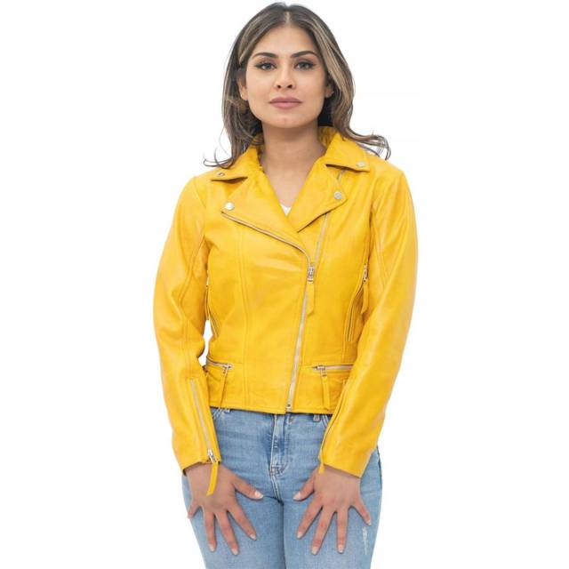 (4XL) Ladies Yellow Leather Fitted Biker Zip  Jacket