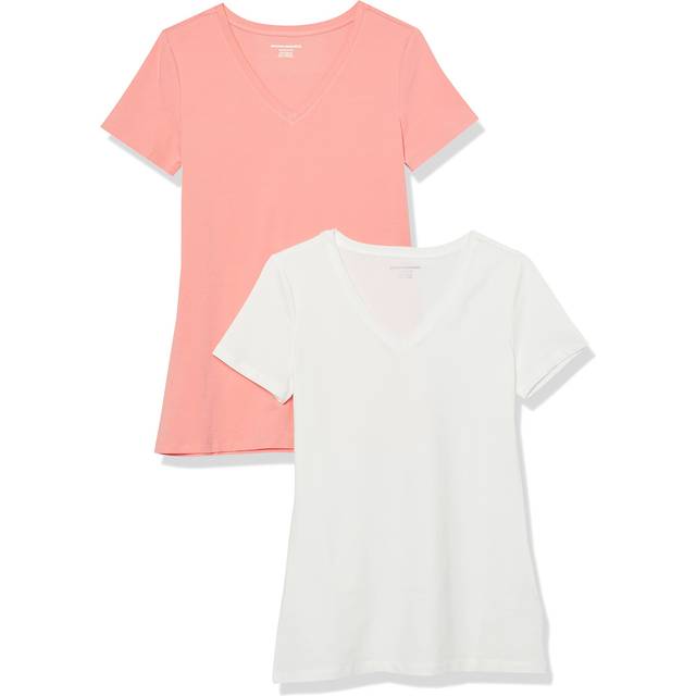 Amazon Essentials Women's Classic-Fit Short-Sleeve V-Neck T-Shirt  Pack of 2  Peach/White  X-Small