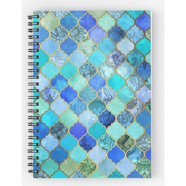 Spiral Notebook Cobalt Blue, Aqua Gold Decorative Moroccan Tile Pattern A5 120 Pages
