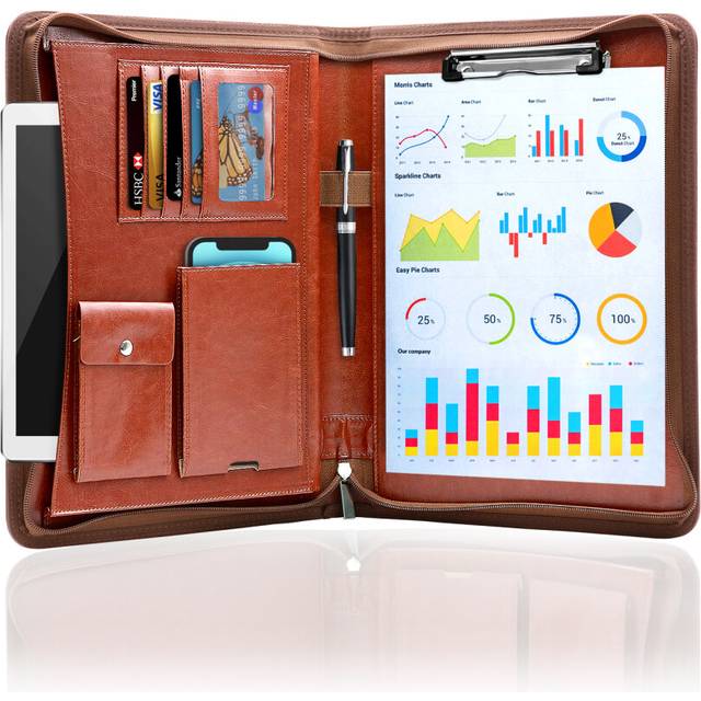 A4 notebook Zipped Multifunctional Business Clipboard Folder Files Document Leather Organiser Cases with Pen Holder Ring Binder