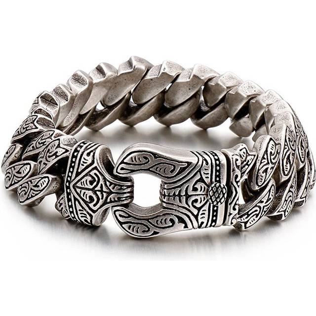 Mens Steel Vintage Fancy Curb Chain Bracelet with Tribal Tattoo Pattern, Retro Style, Masculine - Silver
