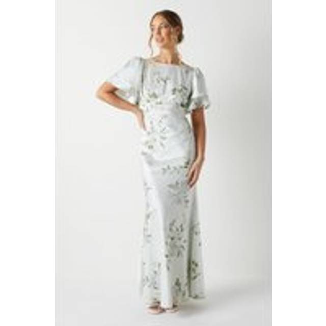 Dahlia Printed Angel Sleeve Satin Bridesmaid Dress - Multi - 18