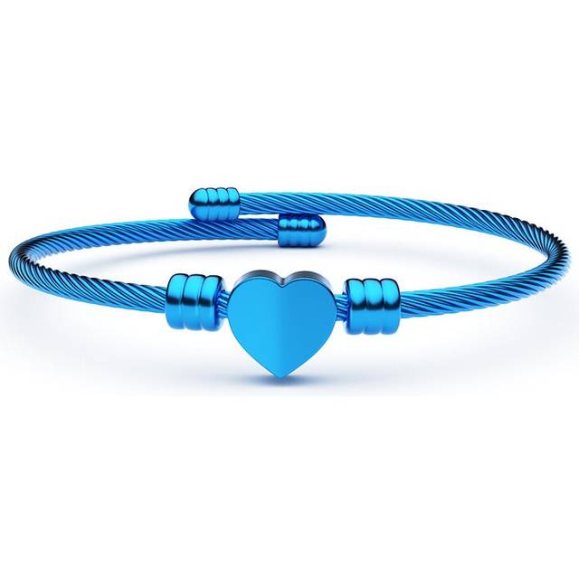 Stainless Steel Cable Wire Heart Charm Bangle Bracelet Punk Adjustable Wrist Bracelet Jewelry - Blue