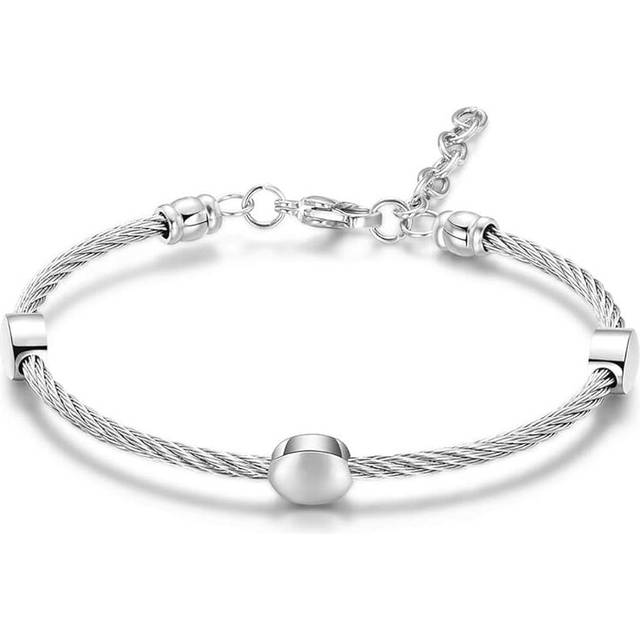 Stainless Steel Cable Wear Round Bead Adjustable Size Bangle Bracelet - Silver