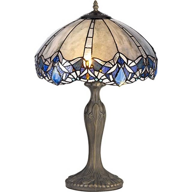 Burtonwood 2 Light Curved Table Lamp With 40cm Tiffany Shade - Aged Antique Brass with Blue and Clear Crystal Shade
