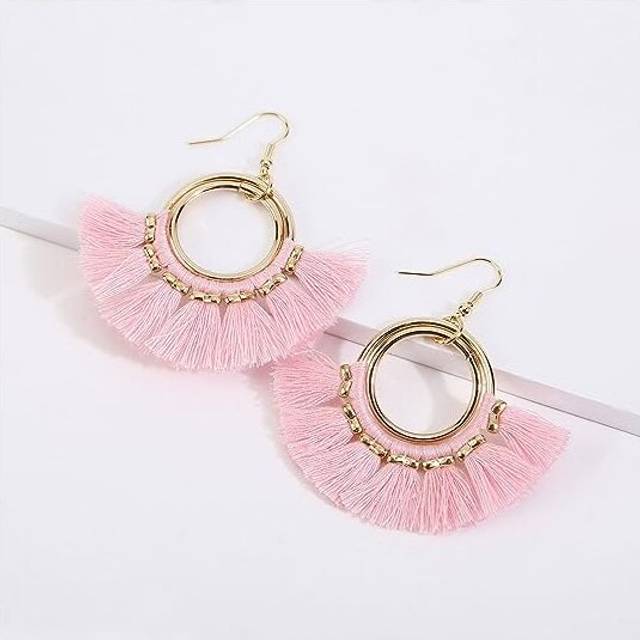 Tassel Hoop Earrings Fringe Drop Gold Tone Circle Tiered Earrings for Women Girls
