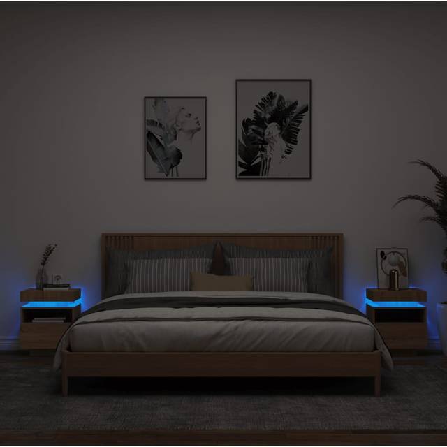 vidaXL Bedside Cabinets with LED Lights 2 pcs Sonoma Oak 40x39x48.5 cm - Brown
