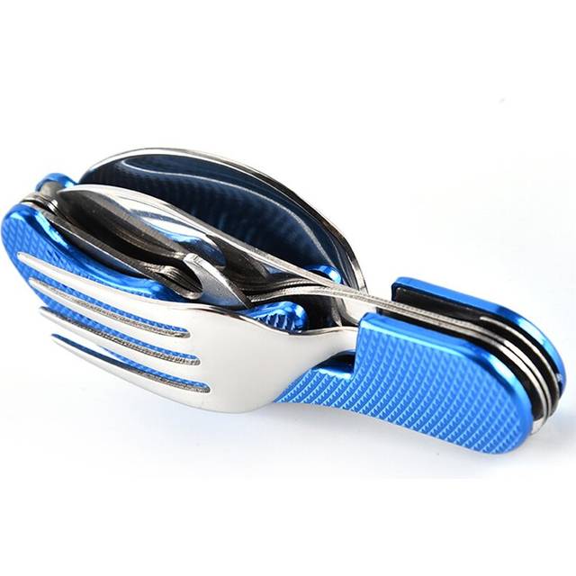 4 In 1 Outdoor Tableware Set Camping Cooking Supplies Stainless Steel Spoon Folding Pocket Kits Home Picnic Hiking Travel Tools