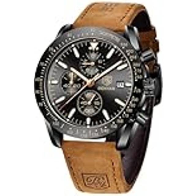 Mens Watches BY BENYAR Chronograph Analog Quartz Movement Leather Band Stylish Sports Designer Wrist Watch 30M Waterproof Elegant Gift for Men