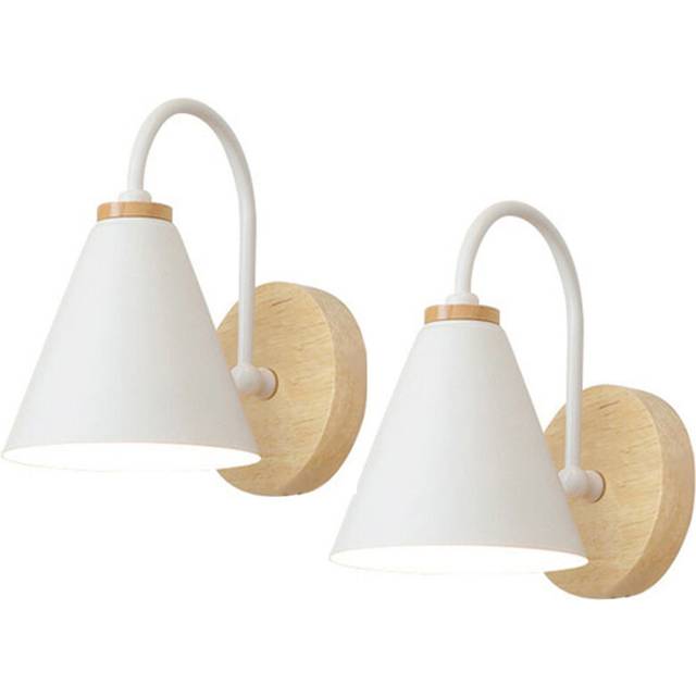 2 Piece Modern Wooden Wall Light (White) Retro Wall Sconce Minimalist Nordic Wall Lamp E27 for Living Room Bedroom Study Porch Corridor