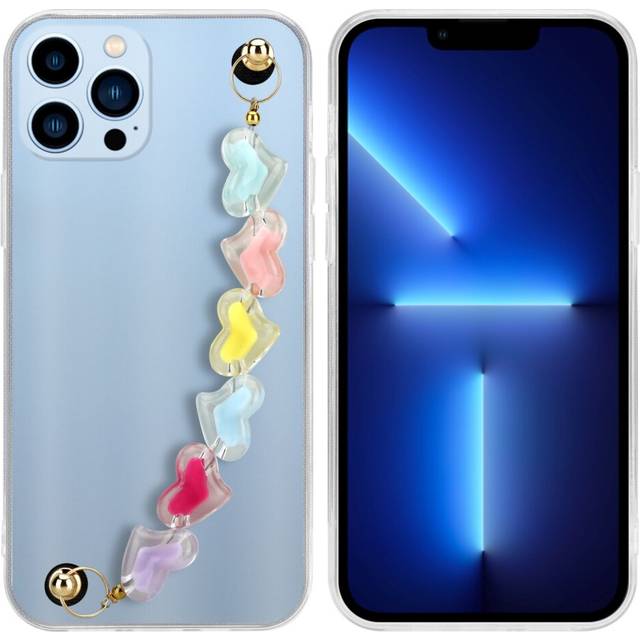 (Transparent with colourful hearts) Cadorabo Case for Apple iPhone 13 PRO MAX Protective Cover made of flexible TPU Etui silicone with wrist chain