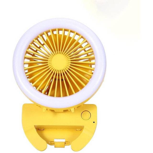 (Yellow) 2 In 1Multifunction Mini Fan 2 Modes LED Camping Light 3 Speed USB Rechargeable Carabiner Hook Fan Climbing Outdoor Indoor