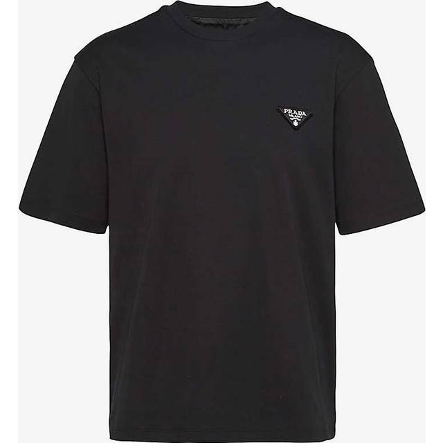 Prada Mens Black Logo-patch Crewneck Cotton T-shirt Xs - BLACK