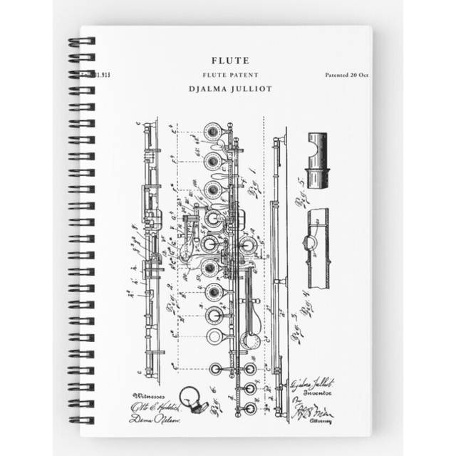 Spiral Notebook Flute Patent Drawing Blueprint A5 120 Pages