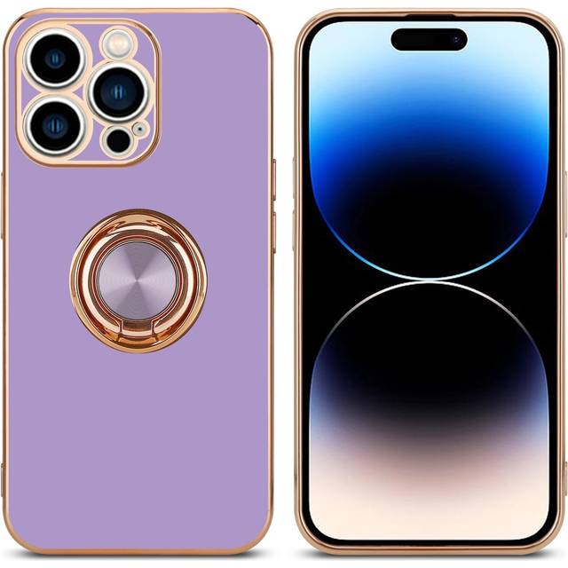(Glossy Light Purple - Gold) Cadorabo Case for Apple iPhone 14 PRO with ring Protective Cover made of flexible TPU silicone, with camera protection an