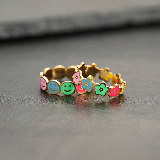 SHEIN Stainless Steel Waterproof And Fade-Resistant Fashionable Adjustable Smile Shaped Ring With Small Colored Flowers, Suitable For Women&#39;s Daily Wear Val