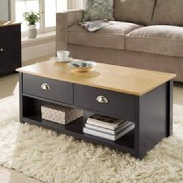 Home Source - Coffee Table 2Drawer Oak Graphite Occasional Table DCup Metal Handles Furniture