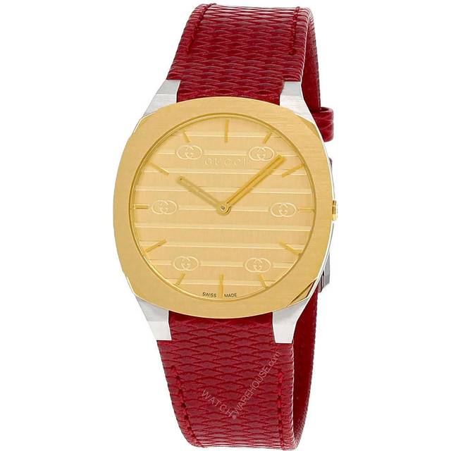 GUCCI 25H 34MM QTZ SS Golden Brass Dial Red LTHR Unisex Watch YA163415 - 34 mm
