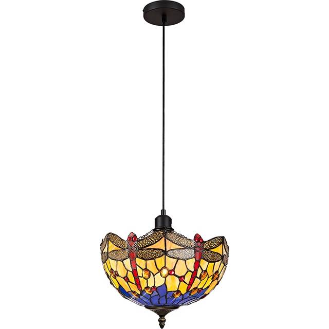 Evelynn Single Ceiling Pendant Light - Matt Black with Orange, Blue and Amber Tiffany Glass Uplighter Shade