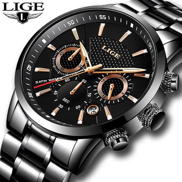 LIGE Mens watches To Luxury Brand business Quartz Watch Men Military Sports Waterproof Wristwatc black