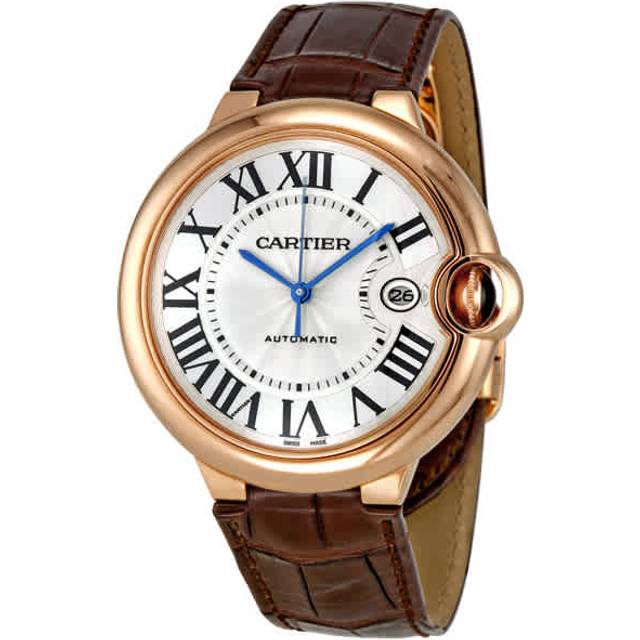 CARTIER Ballon Bleu LG 42MM 18K Rose Gold BRN LTHR Men's Watch W6900651 - Silvered Opaline - 42 mm