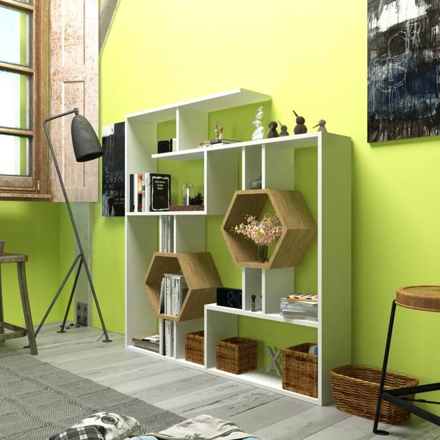 Decorotika Tamara Geometric Unique Bookcase Bookshelf Shelving Unit - White And Oak, Multi