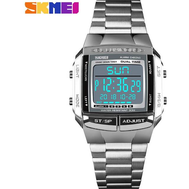 SKMEI 1381 Men Analog Digital Watch Fashion Casual Sports Wristwatch 2 Time 5 Alarm 3ATM Waterproof Stainless Steel Strap silver