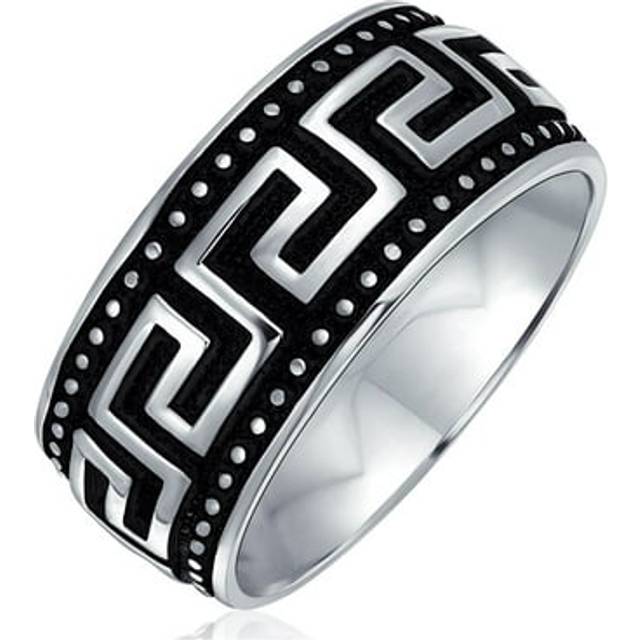 Personalized Couple Geometric Ancient Fret Greek Key Design Texture Wedding Band Ring Men Black Silver 2 Tone Sterling Silver 9MM Wide Customizable black