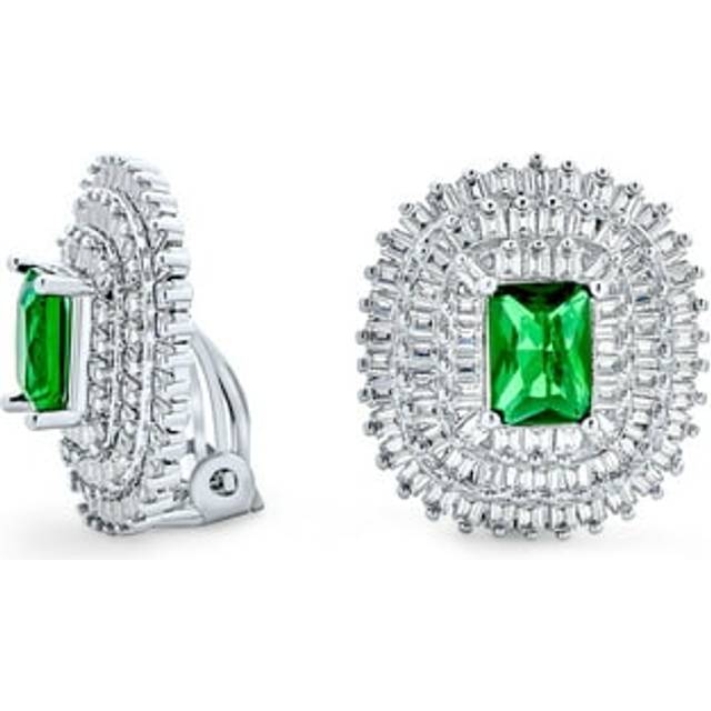 Traditional Classic Art Deco Style Formal Holiday Party Bridal Simulated Emerald Cut Green Cubic Zirconia Triple Row Baguette Halo AAA CZ Stud Clip