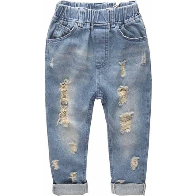 KIDSCOOL SPACE Retro Toddler Little Child Rippd Holes Elastic Waist Fashion Jeans Light Blue 6X