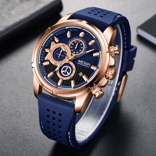 Mens Watches Top Brand Luxury MEGIR Silicone Military Sport Watch Chronograph Stopwatch Relogio Masculino Reloj Hombre Clock Men Rose/blue