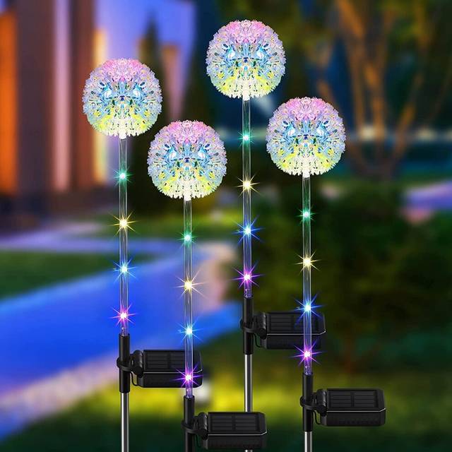 BUCASA Solar Lights Outdoor Garden, 4 Pack Dandelion Solar Garden Lights with 15 Colourful LED, Waterproof Outdoor Solar Flower...
