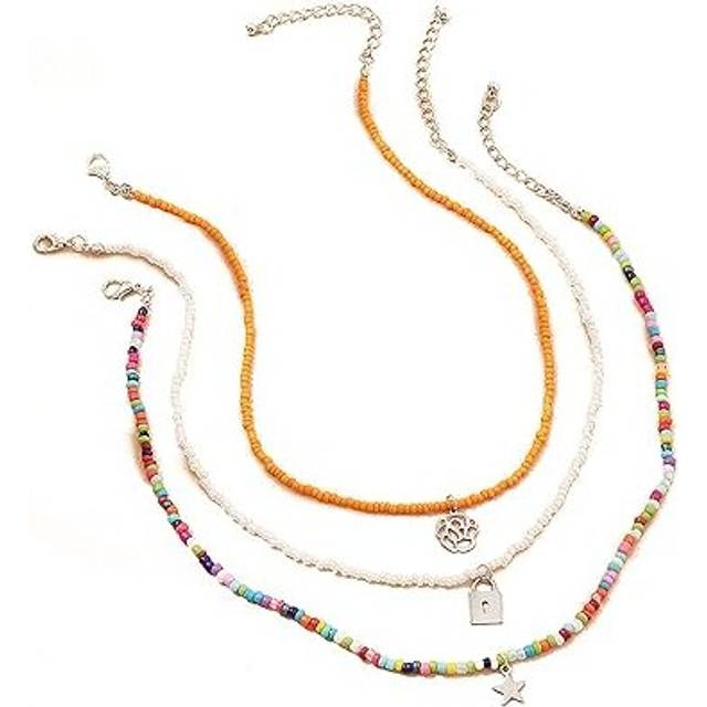 BLING Boho Rainbow Beaded Necklace Layered Neck Locked Butterfly Chain Star Pendant Multi Color Bead Choker Necklaces Beach Jewelry for Women - Multicoloured