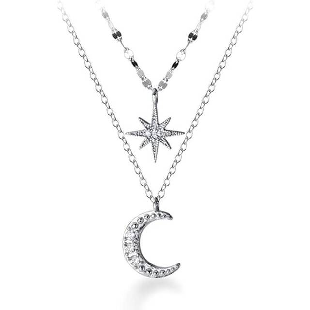 925 Sterling Silver Layered Necklace Chain Star Moon Choker Necklace for Women Teen Girls Layering Chain Choker