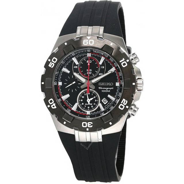 Seiko Black Dial Chronograph 43MM Alarm Black Rubber Men's Watch SNAD61 - 45 mm
