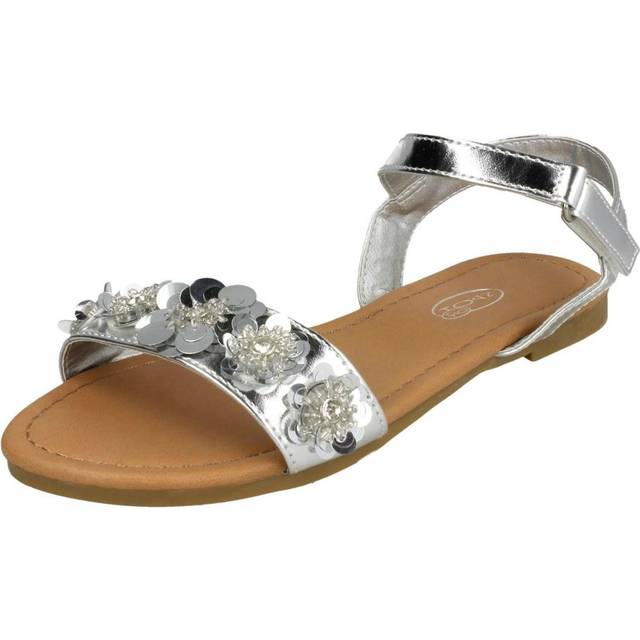 (UK 11 Child, Silver) Girls Spot On Sequin Flower Trim Sandals H0270