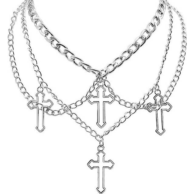 Goth Cross Choker Necklace For Women Teen Girls Gothic Layered Chunky Pendant Necklaces Egirl Silver Plated Long Multilayer Chains 40 inches - Gold