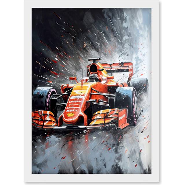 Race Car and Driver Grand Prix Orange and Grey Artwork Framed Wall Art Print A4 - White - One Size