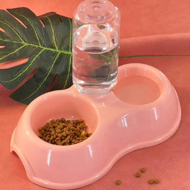 1 st Dubbelskål för husdjur, Automatisk vattendricksskål, Anti-Spill Hund Kattmat Vattenmatare - Rosa (En-Storlek,2 stycken (1 dubbelskål + 1 sked))