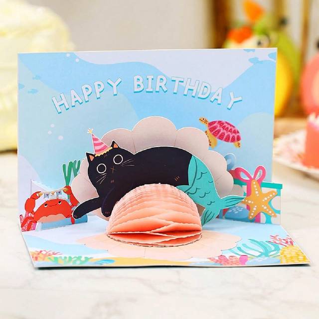 1 st snäckskalspärla kattfisk födelsedags 3D-hälsningskort för flicka barn fru make, regnbåge, födelsedag tecknade popup-hälsningskort vykort presente - Multifärgad (En-Storlek)