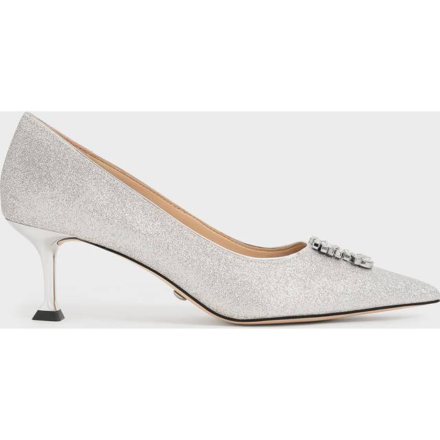 Charles & Keith - Ever Glittered Gem-Embellished Kitten Heel Pumps - Silver - UK 2