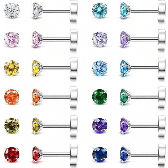 SHEIN 12pairs Surgical Stainless Steel Cubic Zirconia Stud Earrings, Color Birthstone Rhinestone Decor Stud Earrings For Women & Girls, Birthday Gift, Date