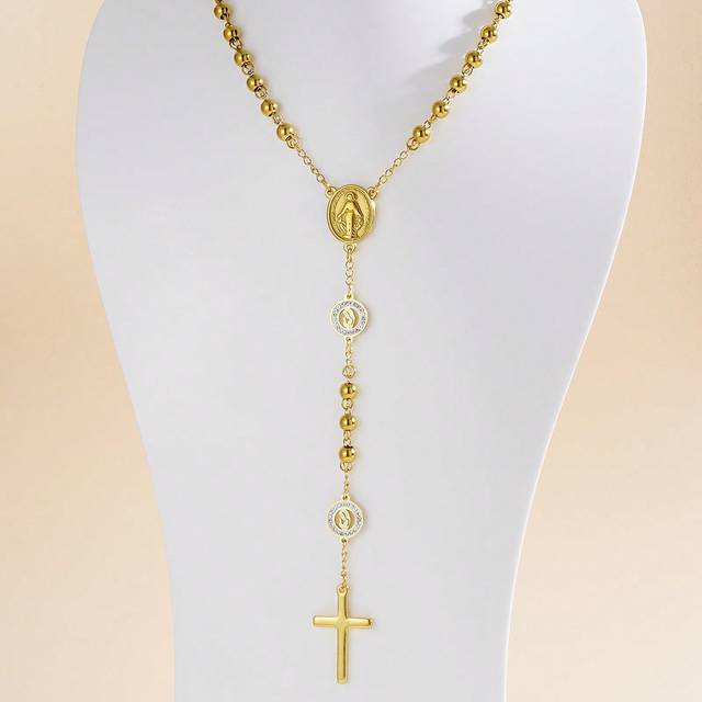 SHEIN 1pc 6mm Gold Maria Cross Y-Shaped Necklace, Fashionable Minimalist European And American Style Cross Pendant Necklace, Suitable For Couples Everyday W