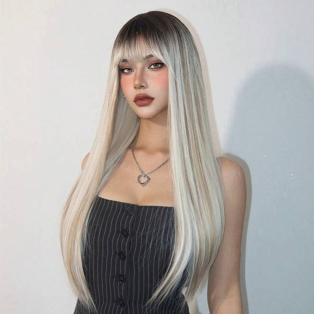 SHEIN 28 Inch Long Straight Ombre Blonde Wig With Bangs For Women Natural Synthetic Hair Wigs With Dark Roots For Daily Party Cosplay Wear