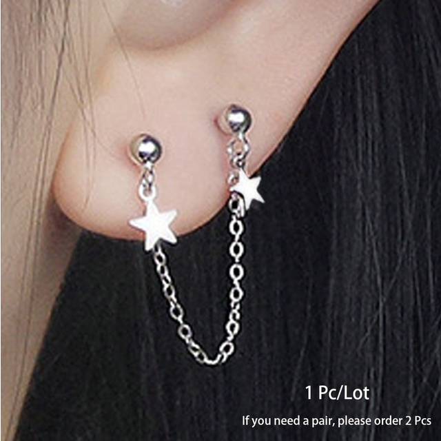 SHEIN 1pc Silver Star Connected Chain Pendant Double Piercing Stainless Steel Earring