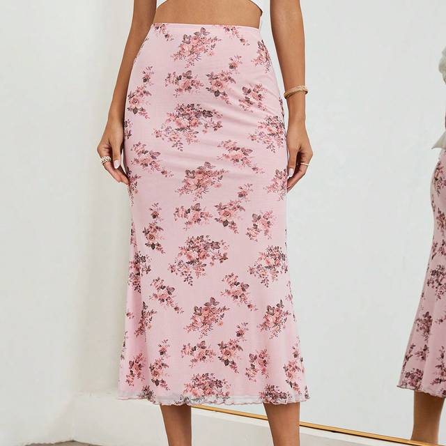 Firerie Women&#39;s Romantic Print Fish Tail Ruffle Elastic Net Yarn Skirt