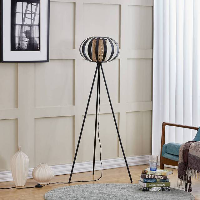 Lindby golvlampa Tamira, svart, rotting, 143 cm hög, E27