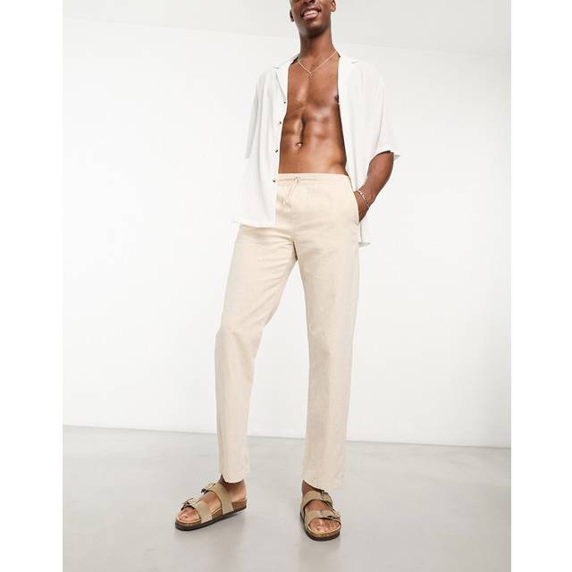 Selected Homme – Beige, raka byxor i linnemix-Naturlig
