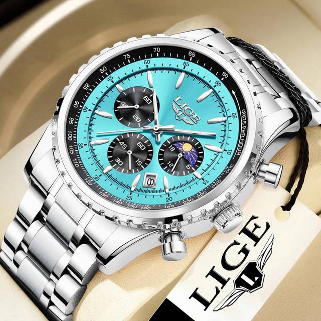 LIGE New Men's Watches Top Brand Luxury Men Wrist Watch Leather Quartz Watch Sports Waterproof Date Chronograph light blue/silver